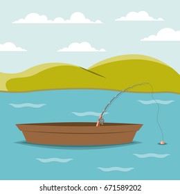 colorful background lake landscape and fishing boat vector illustration