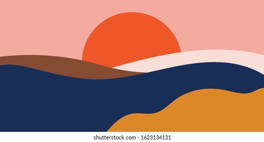 Fundo colorido com paisagem, montanhas abstratas. Pano de fundo colorido abstrato com elementos desenhados à mão ou curvas. Ilustração vetorial criativa - design de pôster.