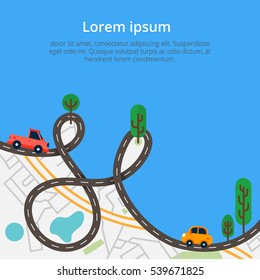 Colorful Background With Landscape, Road And City Map. Top View City Map With Cars And Trees For Web Banners, Info Graphic And  Brochure. Vector Illustration 