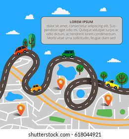 Colorful background with landscape, road and city map. Top view city map with cars and trees for web banners, info graphic and brochure. Vector illustration