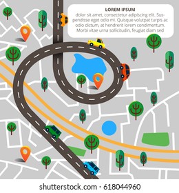 Colorful background with landscape, road and city map. Top view city map with cars and trees for web banners, info graphic and brochure. Vector illustration