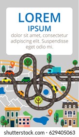 Colorful background with landscape, road and city map. Top view city map with cars and trees for web banners, info graphic and  brochure. Vector illustration 