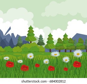 colorful background with landscape of trees and flower field