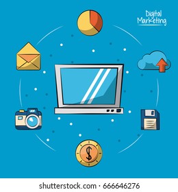 colorful background with laptop computer in closeup and marketing icons around on him