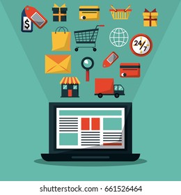 colorful background with laptop computer and common online shopping icons