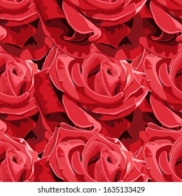 Colorful background with large red rose buds. Floral greeting card, banner. Vector seamless pattern
