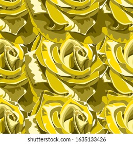 Colorful background with large yellow rose buds. Floral greeting card, banner. Vector seamless pattern