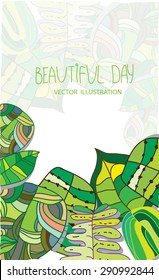  colorful background with leaves shapes on a white background says day