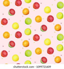 Colorful background with limes, oranges and lemons. Seamless pattern for summer theme. Vector illustration.