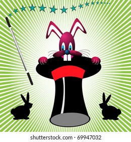 Colorful background with a magic wand, two little bunny silhouettes and a pink bunny coming out from a magician hat