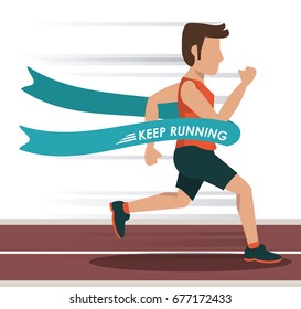 colorful background with male athlete running in track and crossing the finish line