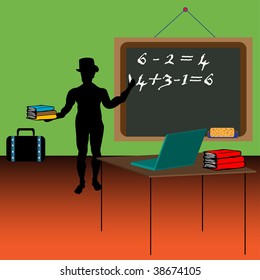 Colorful background with male silhouette wearing a hat and writing on the blackboard with a piece of chalk. Teacher teaching mathematics