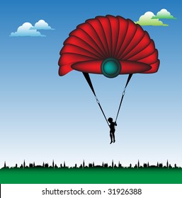 Colorful background with man landing on earth with a red parachute