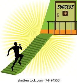 Colorful background with a man running up on stairs trying to reach the door to success. Achieving success concept