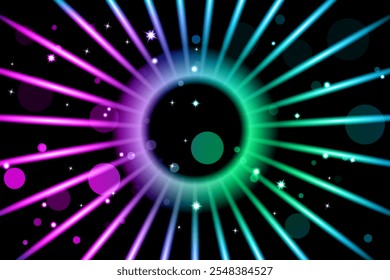 Colorful background of many circles and glowing dots. Abstract glow sparks and circular elements. Creative decorative pink, blue and green colored illustration.