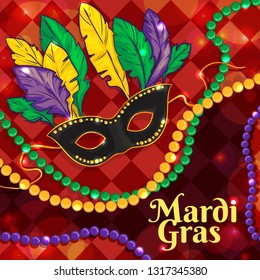 Colorful background with Mardi Gras mask, beads and feathers, for poster, template, flyer. Vector image, eps10