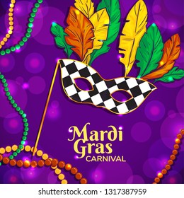 Colorful background with Mardi Gras mask, beads and feathers, for poster, template, flyer. Vector image, eps10 
