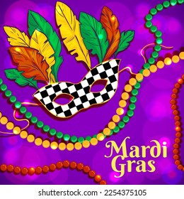 Colorful background with Mardi Gras mask, beads and feathers, for poster, template, flyer. Vector image, eps10 