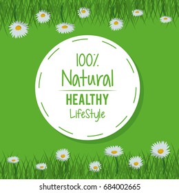 colorful background meadow landscape with circular logo of one hundred percent natural healthy lifestyle