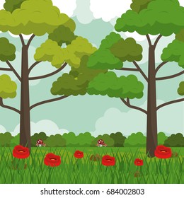 colorful background with meadow with red flowers and forest landscape
