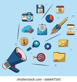 colorful background with megaphone in closeup and smaller marketing icons