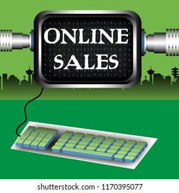 Colorful background with a modern computer and the text online sales written on its screen