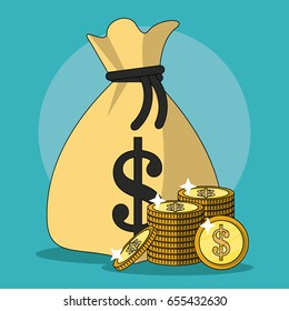 colorful background with money bag and stacked coins