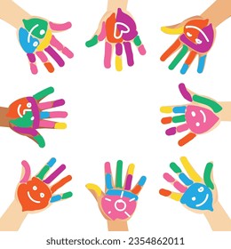 Colorful background with multiethnic diverse painted colorful hands of children with smile and heart shapes isolated vector illustration