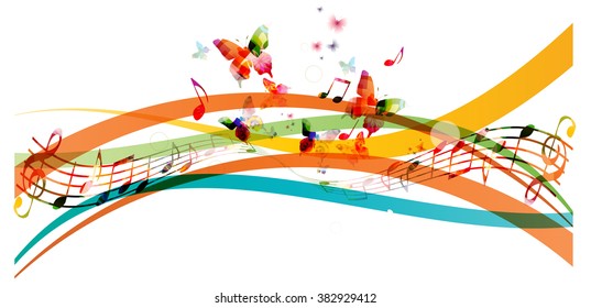 Colorful background with music notes and butterflies