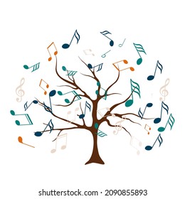 Colorful background with music notes. Concept of inspiration and musical creation with the silhouette of a tree. Musical Tree. Vector