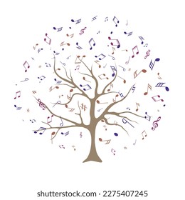 Colorful background with music notes. Concept of inspiration and musical creation with the silhouette of a tree. Musical Tree. Vector