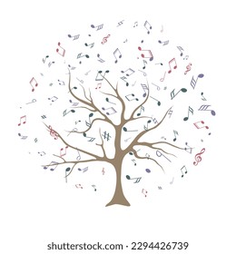 Colorful background with music notes. Concept of inspiration and musical creation with the silhouette of a tree. Musical Tree. Vector