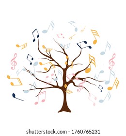 Colorful background with music notes. vector illustration of tree with musical notes for audio media concepts and designs Musical Tree. Vector