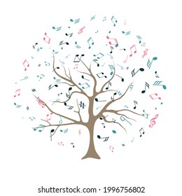 Colorful background with music notes. Whose leaves are replaced by multicolored musical notes. Musical Tree. Vector