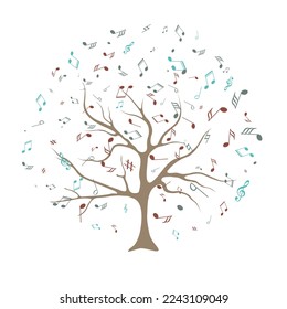 Colorful background with music notes. Whose leaves are replaced by multicolored musical notes. Musical Tree. Vector