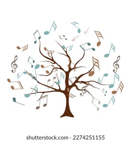 Colorful background with music notes. Whose leaves are replaced by multicolored musical notes. Musical Tree. Vector