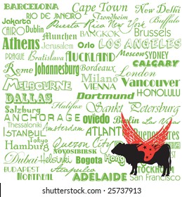 colorful background with the name of more important cities written with green and a black cow shape with red wings, the traveling cow.