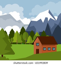 colorful background of natural landscape with country house and mountains