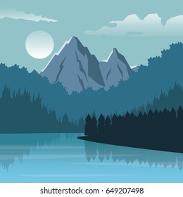 colorful background with night landscape of mountain and river