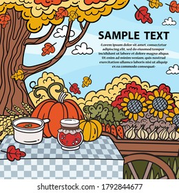 Colorful background on the theme of autumn and nature. Cartoon landscape with harvest, leaf fall