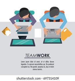 colorful background on top view of poster of teamwork between man and woman both with computers
