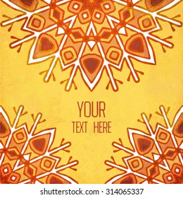 Colorful background with ornament and place for text. Watercolor design in gold tone for banners, flyer, invitation card, posters. 