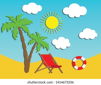 Colorful background in paper style. Summer illustration with palms.deckchair, life buoy, ocean, clouds and sun. Vector.