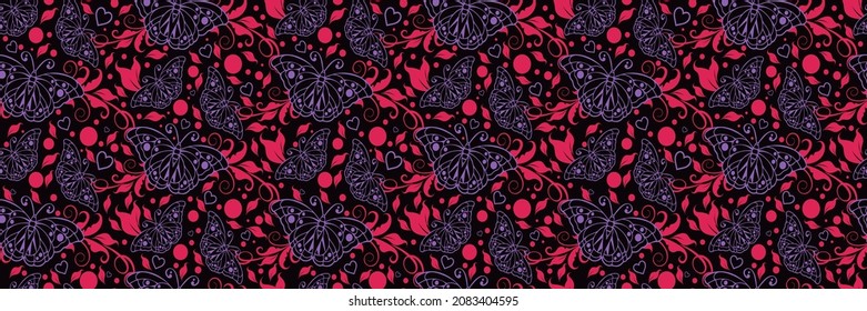 Farbiges Hintergrundmuster mit Blumenverzierungen und Schmetterlingen auf dunklem Hintergrund für Ihre Gestaltungsprojekte, nahtloses Muster, Tapetentexturen mit flachem Design. Vektorgrafik
