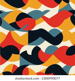 Ein bunter Hintergrund mit einem Muster von Formen und Farben. nahtloses Muster. Abstrakte Textilien, geometrische Flachfarbe. Vektorgrafik. 