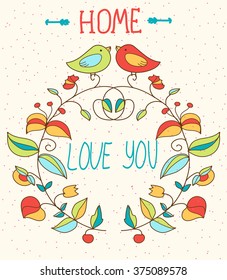 colorful background with a pattern of sprigs of flowers and leaves with inscription I love you and birds, card for Valentine's day