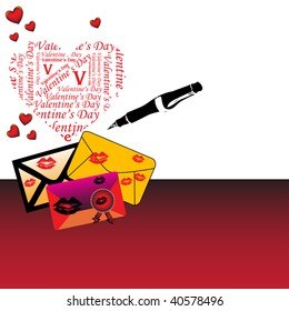 Colorful background with pen, red hearts and colored love letters covered by kisses. Valentine's Day concept