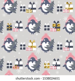 Colorful background with penguins, gifts, fir trees, snow. Decorative cute backdrop vector. Happy New Year, seamless pattern. Winter time