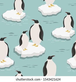 Colorful background with penguins on the ice floes. Decorative cute backdrop vector. Sea birds, seamless pattern