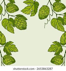 fundo colorido com uma imagem de lúpulo de cerveja e um lugar para texto. cones, folhas e cachos de lúpulo